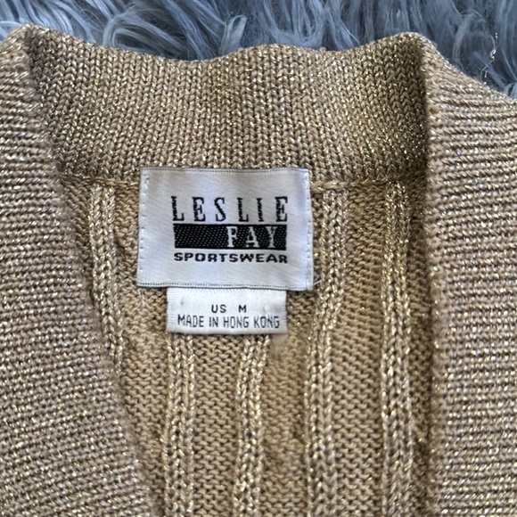 Leslie Fay Tan Cable Knit Cardigan with Ribbed Edging - Picture 3 of 6